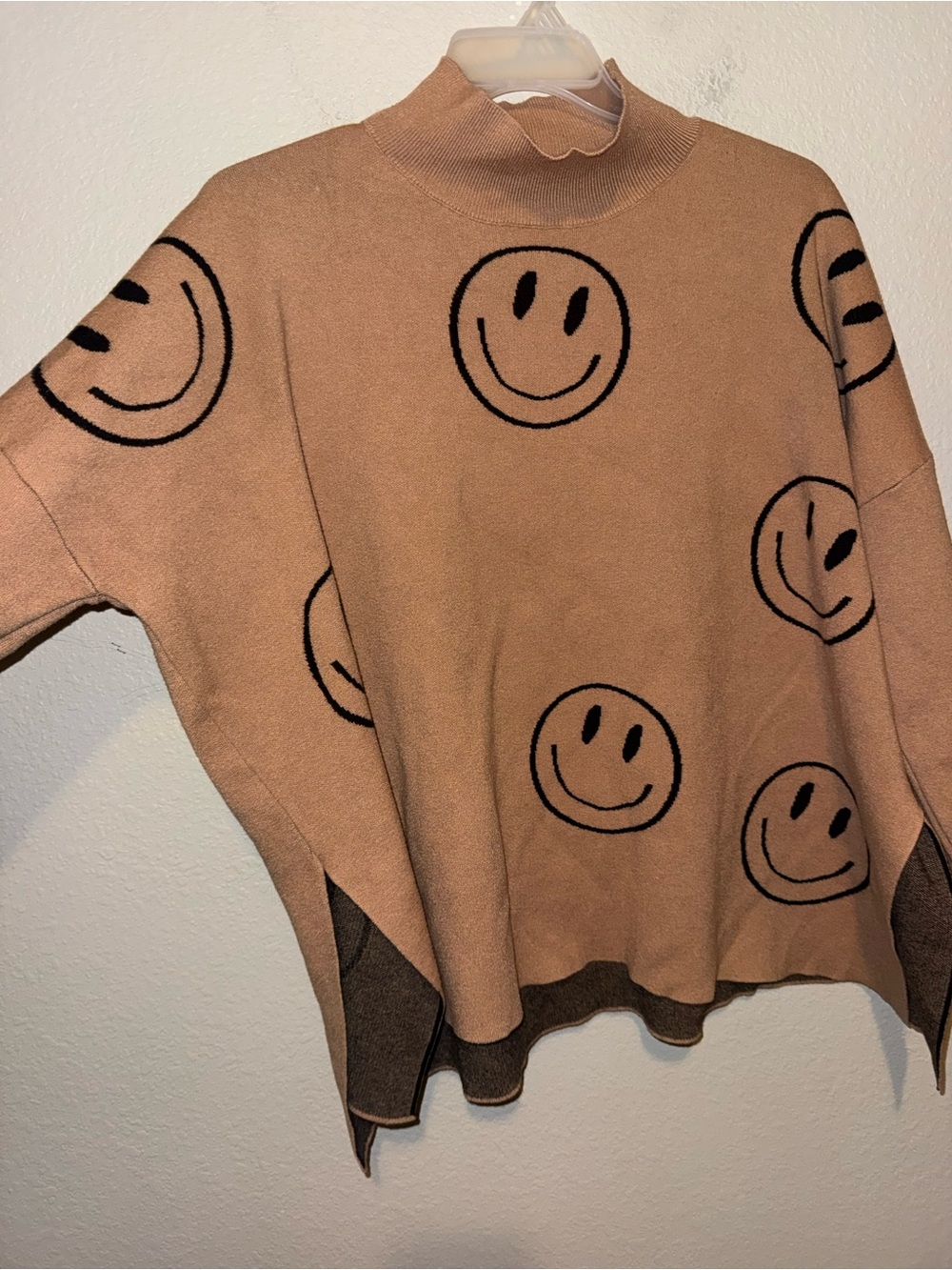 Chic Soul Smiley Face Sweater Size 2X Tan Brown Black Cozy Trendy Fun - Picture 5 of 6